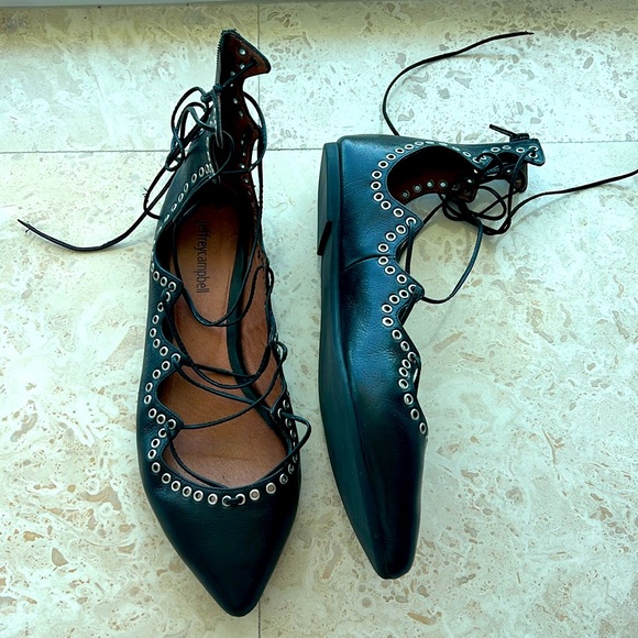 Jeffrey Campbell Shoes - Jeffrey Campbell size 9 black leather lace up flats with silver grommets